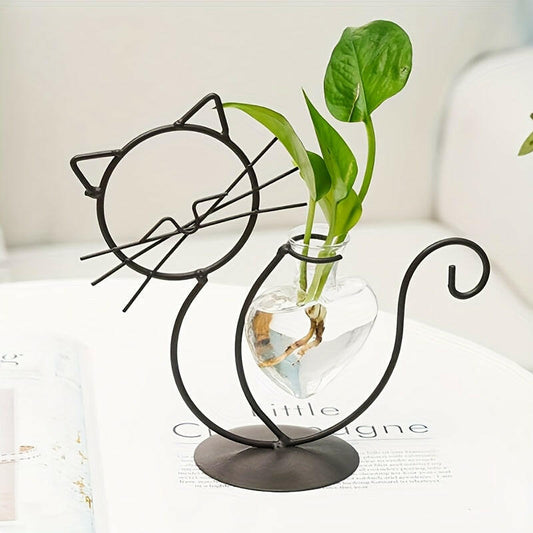 Glass Vase Planter with Cat Metal Stand