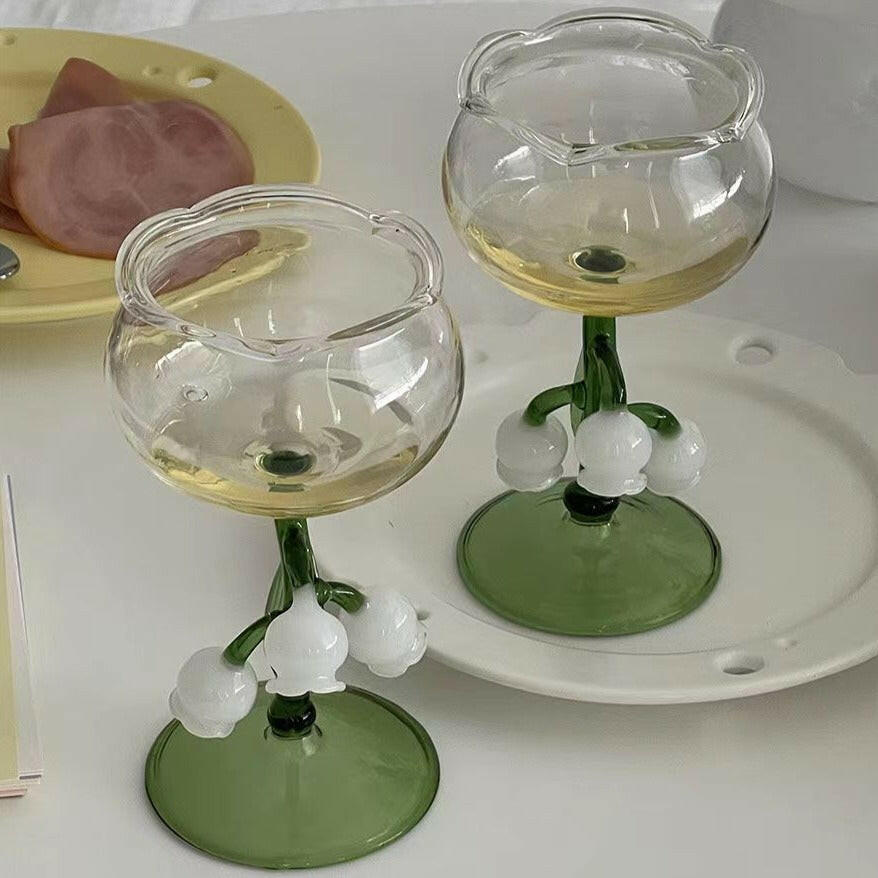 Vintage green wine glasses Bell Orchid handmade