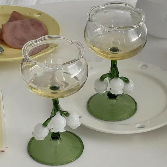 Vintage green wine glasses Bell Orchid handmade