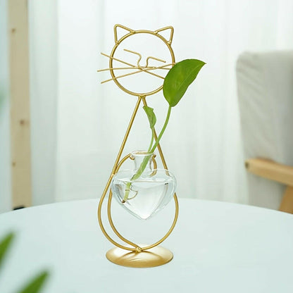 Glass Vase Planter with golden standing Cat Metal Stand