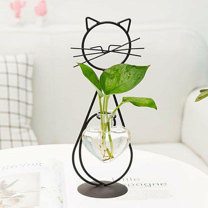 Glass Vase Planter with standing Cat Metal Stand