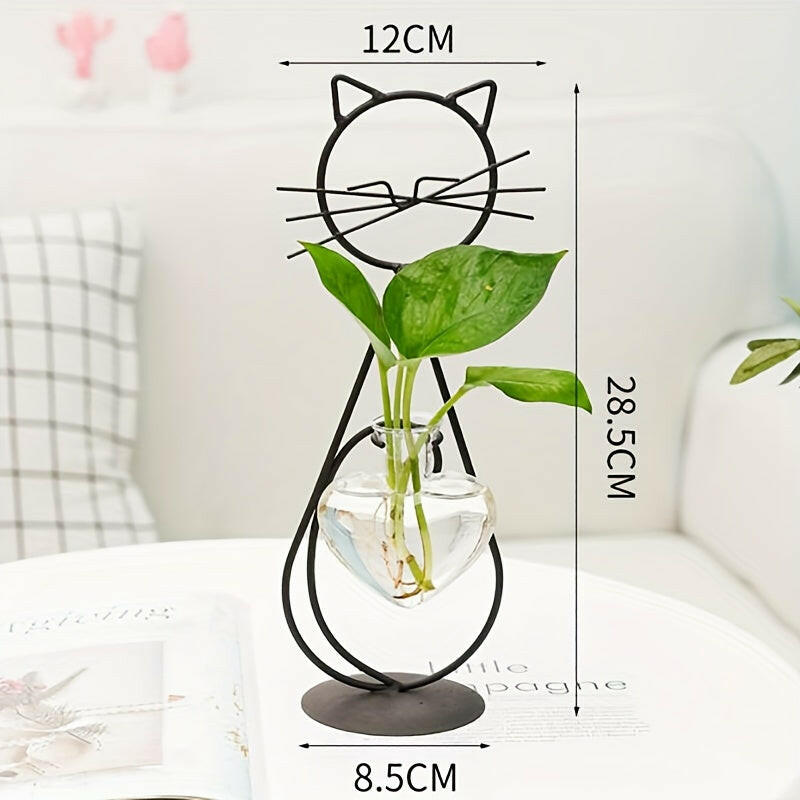 Glass Vase Planter with Black Cat Metal Stand
