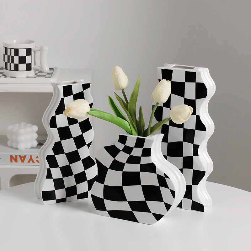 Minimalist Ceramic Vase Black&White Checkerboard Design