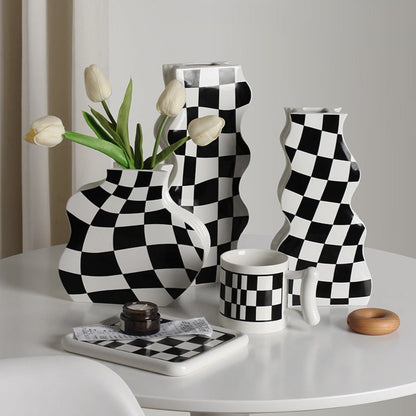 Minimalist Ceramic Vase Black&White Checkerboard Design