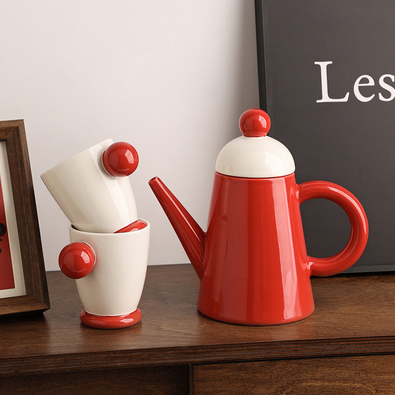 Nordic Vintage Red Ceramic Tea Pot Set with 2 Tea Cups