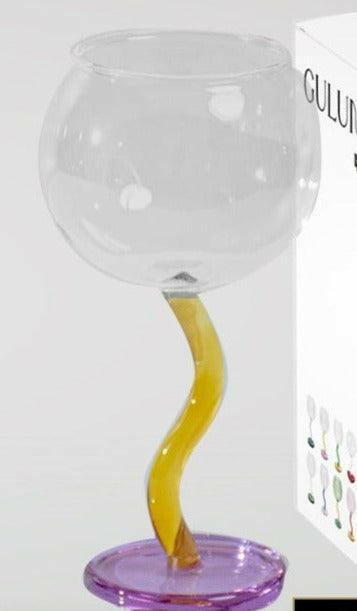 Handblown Bubble Wine Glass - Retro Whimsical Eclectic Wavy Stemmed Goblets - Biu Home