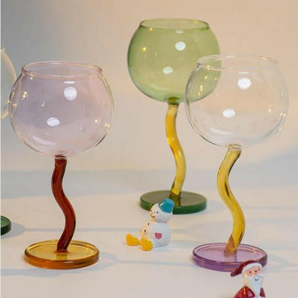 Handblown Bubble Wine Glass - Retro Whimsical Eclectic Wavy Stemmed Goblets - Biu Home