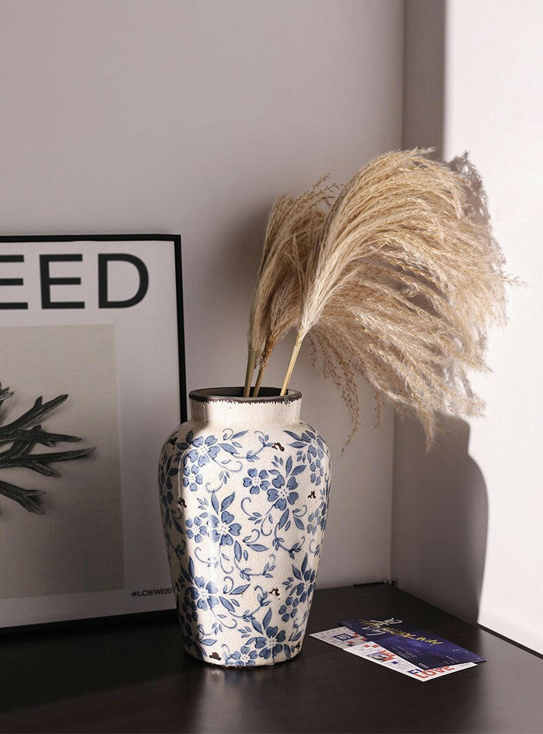Blue and white porcelain ceramic vase with pampas grass
