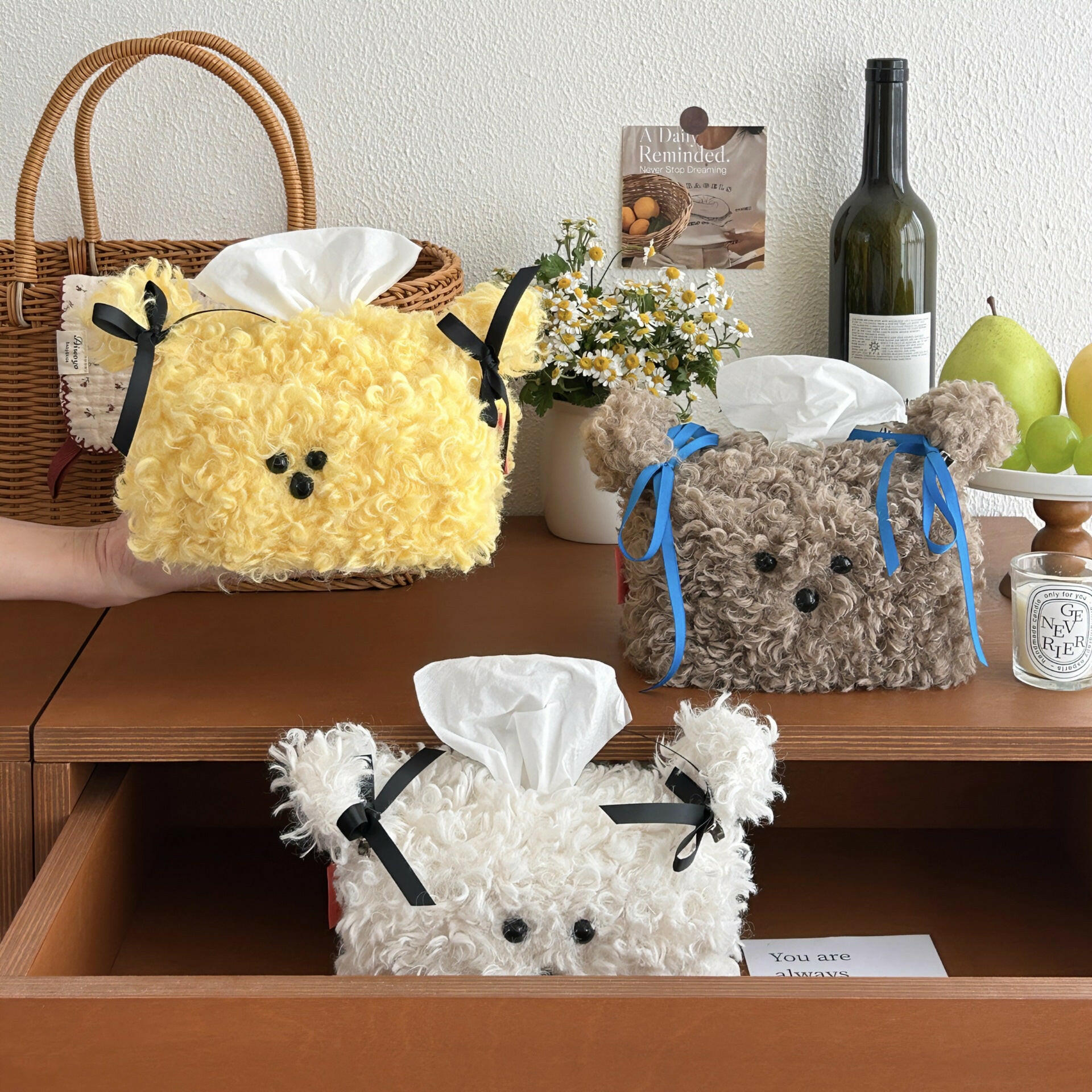 Plush puppy tissue box cover in drawer