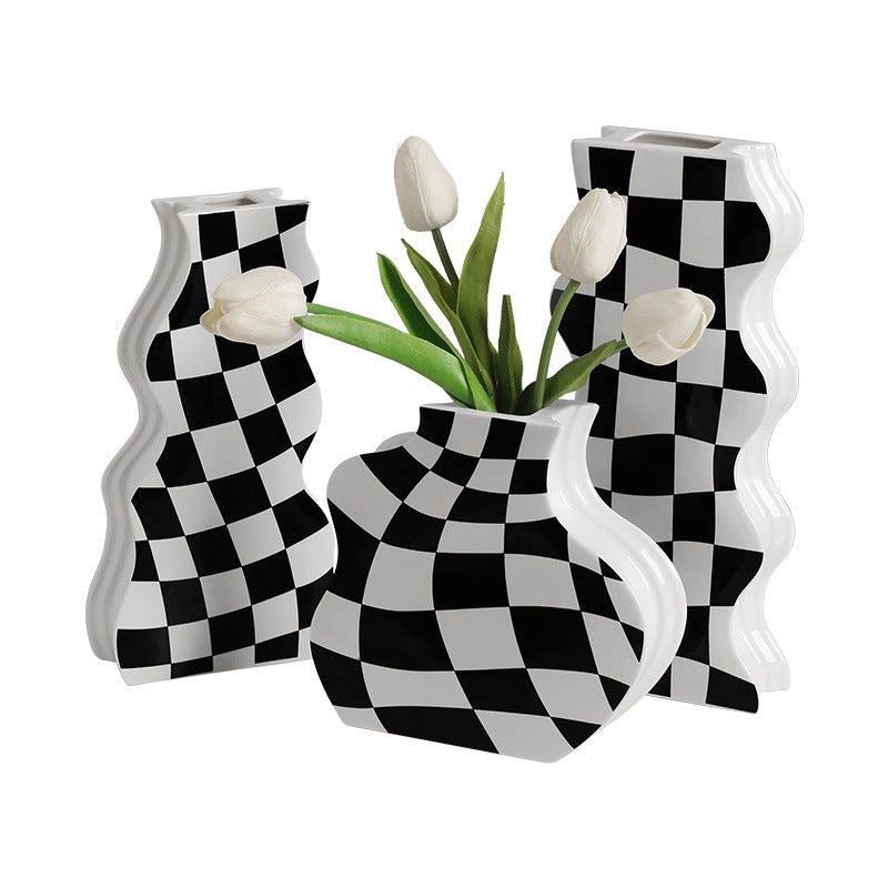 Minimalist Ceramic Vase Black&White Checkerboard Design