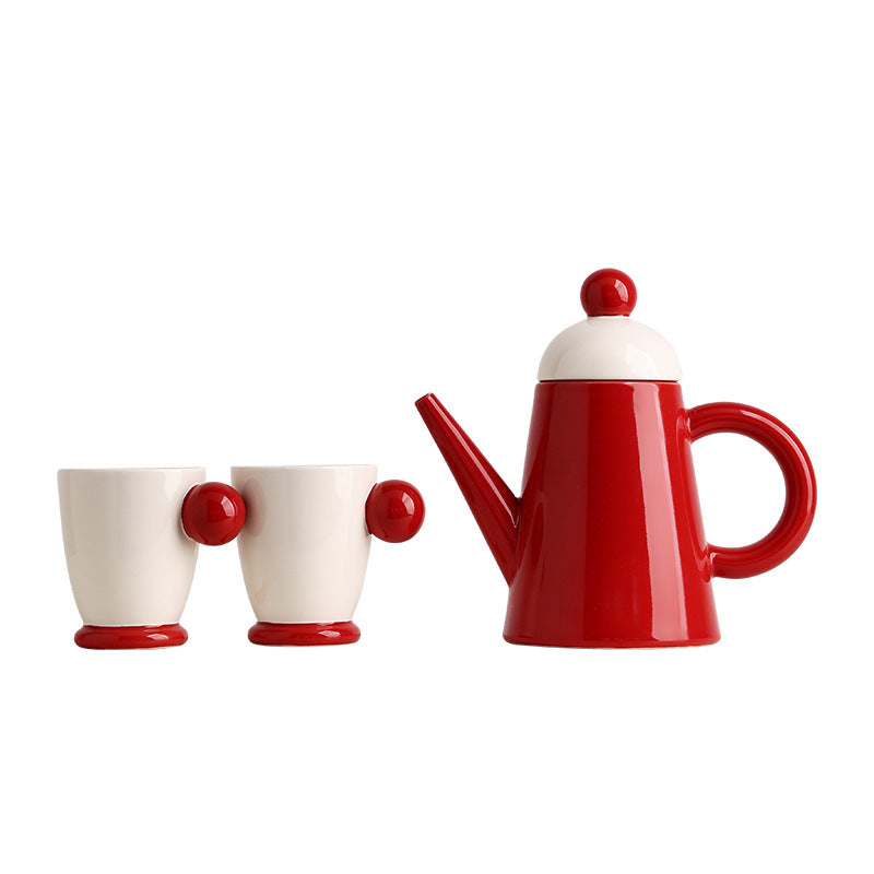 Nordic Vintage Red Ceramic Tea Pot Set with 2 Tea Cups