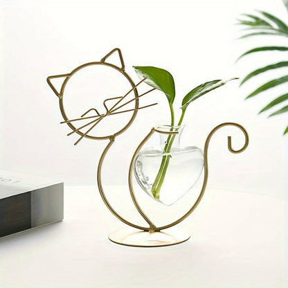 Glass Vase Planter with golden Cat Metal Stand