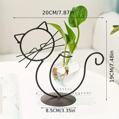 Glass Vase Water Planter with Cat Metal Stand