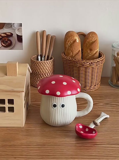 Handmade ceramic coffee mug with lid red mushroom for tea espresso